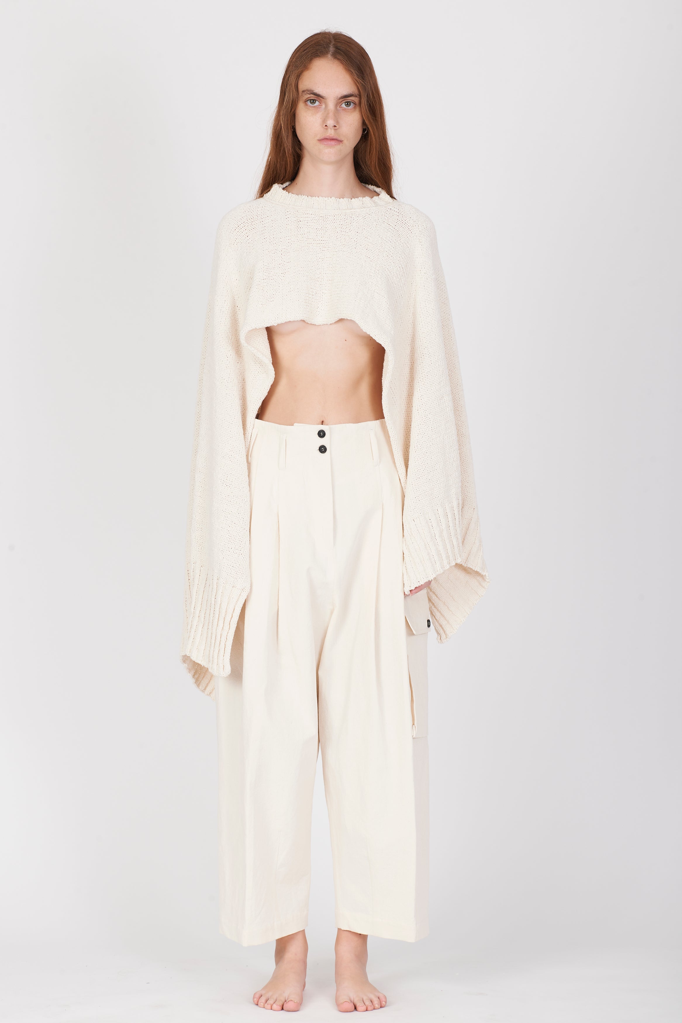 Cropped Cotton Soft Cape - Cream White by Isabel Benenato — view 6