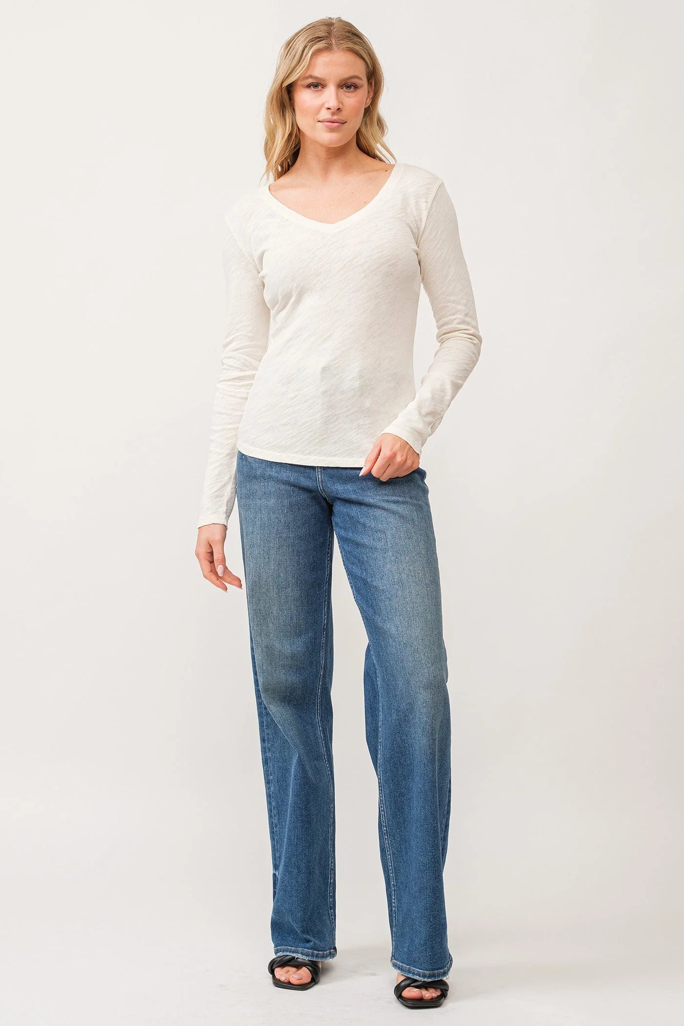 Alina V Neck Long Sleeve Tee - Antique White by Dear John — view 4