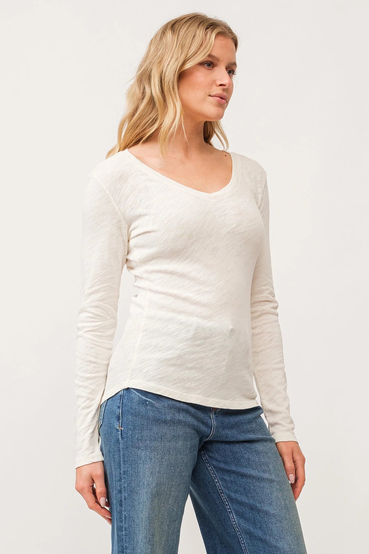 Alina V Neck Long Sleeve Tee - Antique White by Dear John — view 3
