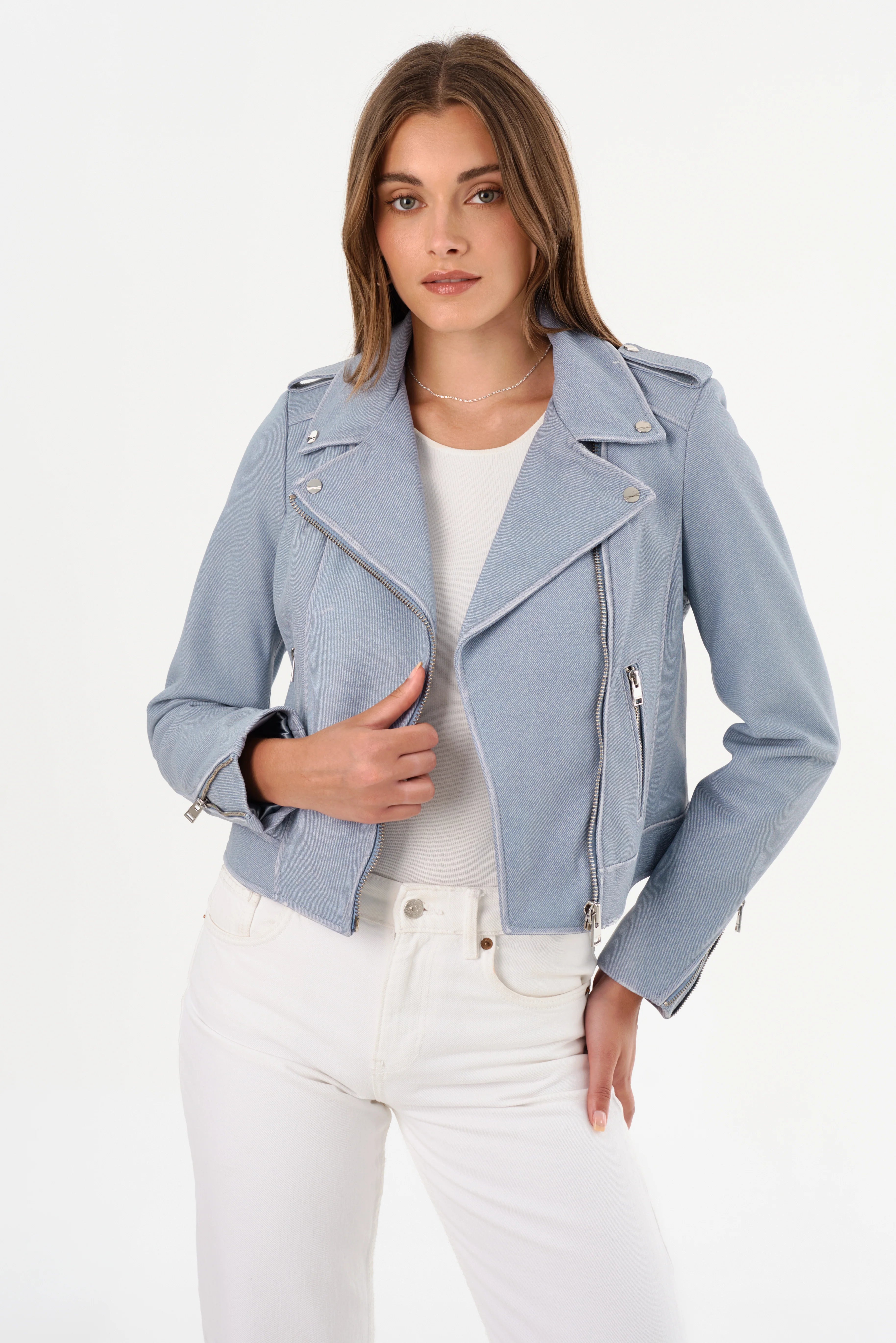 Donna Leather Biker Jacket - Light Blue Denim by LAMARQUE — alternate view