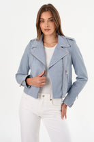 Donna Leather Biker Jacket - Light Blue Denim by LAMARQUE — alternate view