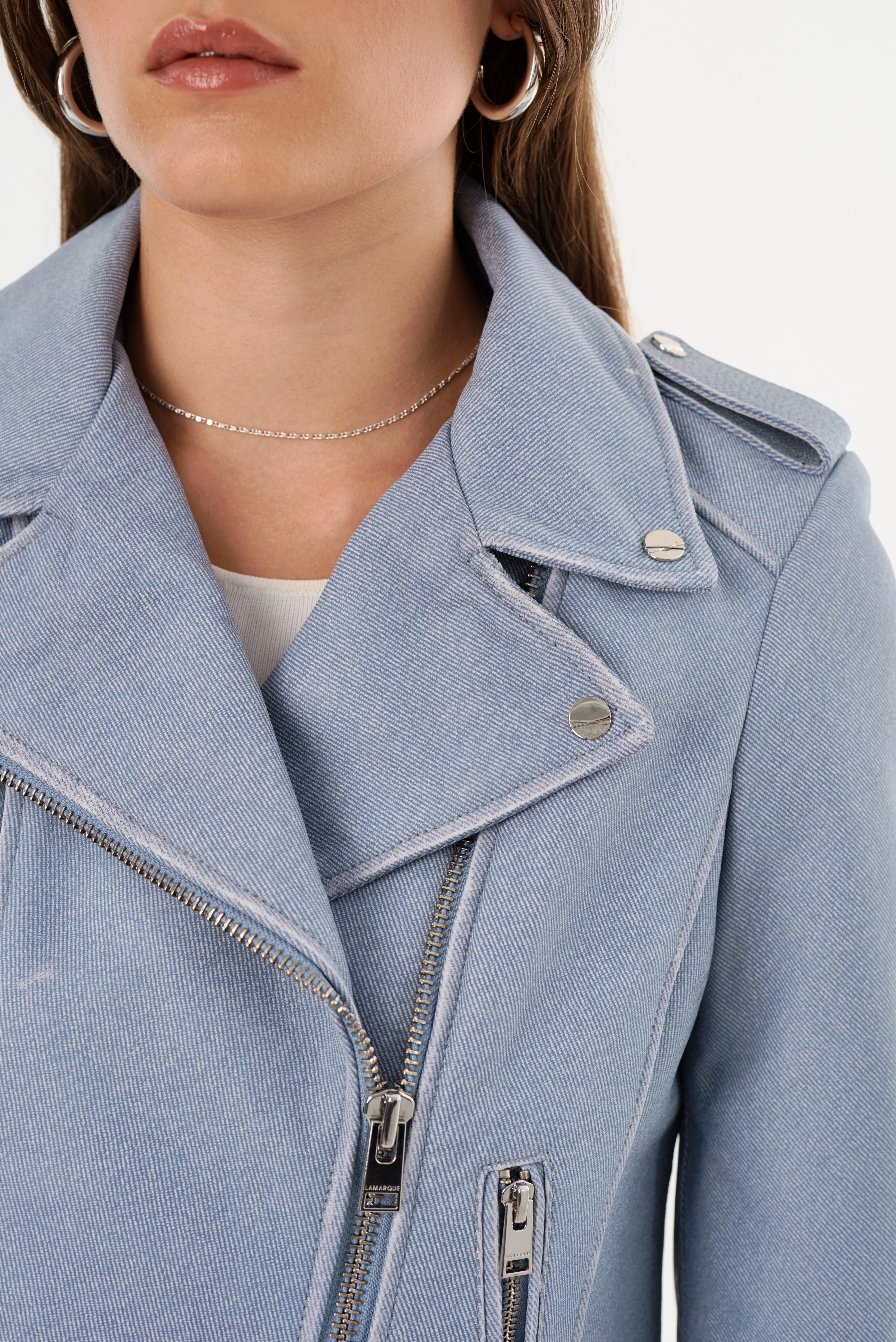 Donna Leather Biker Jacket - Light Blue Denim by LAMARQUE — view 4