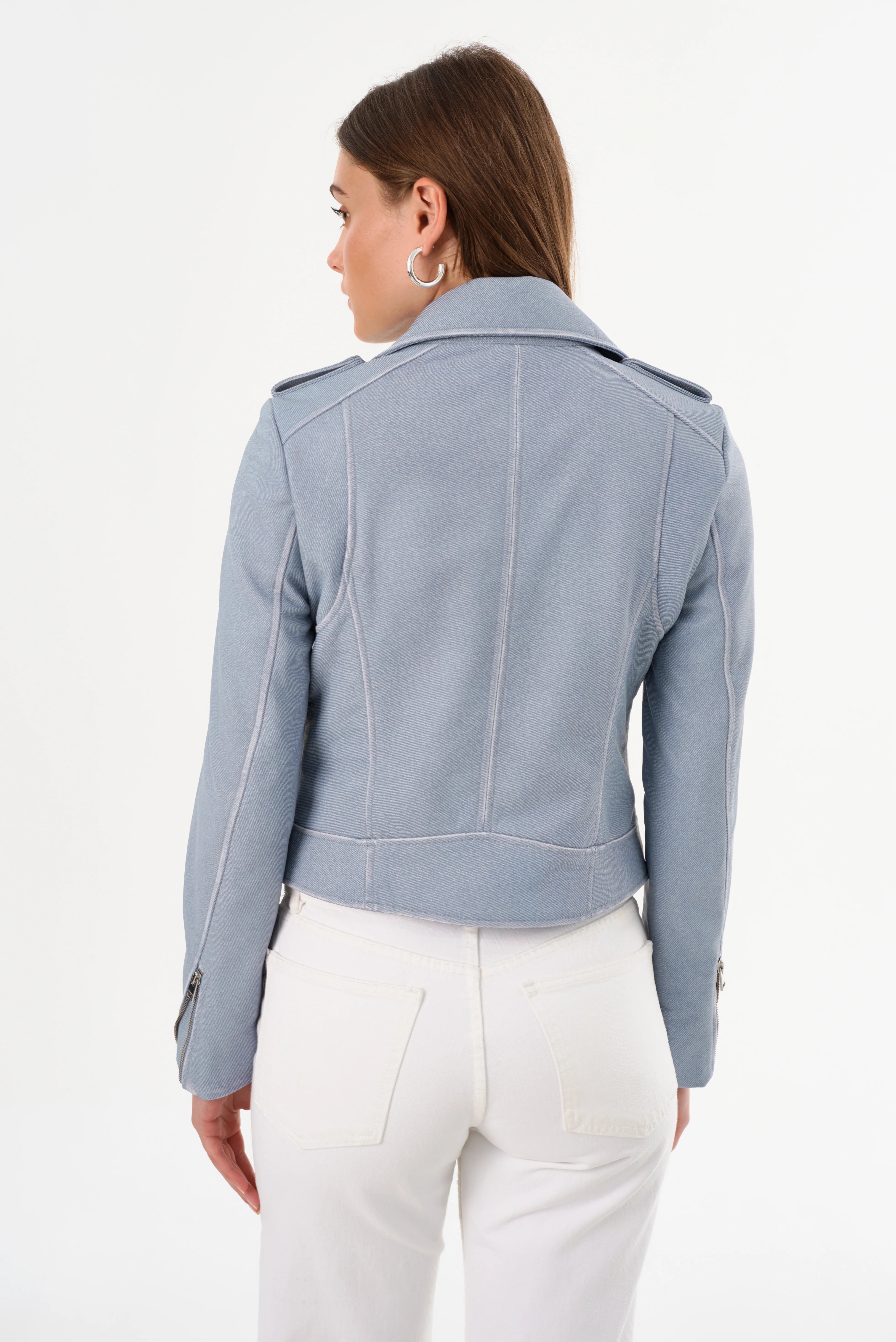Donna Leather Biker Jacket - Light Blue Denim by LAMARQUE — view 6