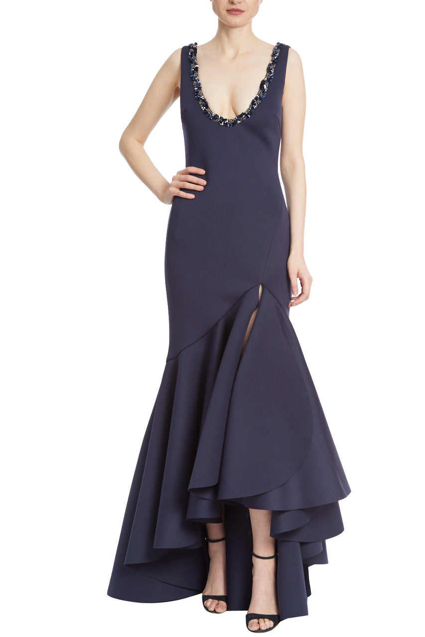 Ruffled Trumpet Evening Gown with Beaded Neckline - Navy by Badgley Mischka | 25 South Boutiques