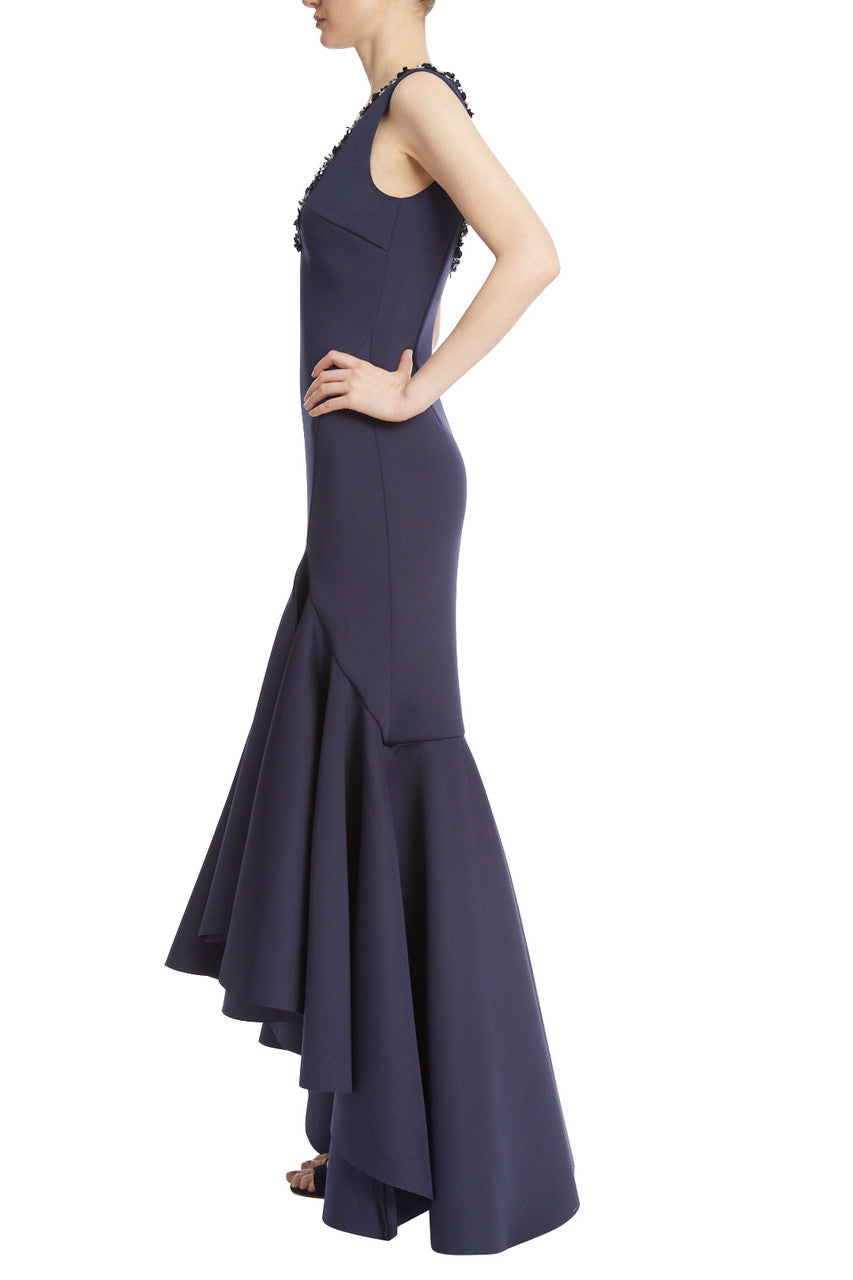 Ruffled Trumpet Evening Gown with Beaded Neckline - Navy by Badgley Mischka — alternate view