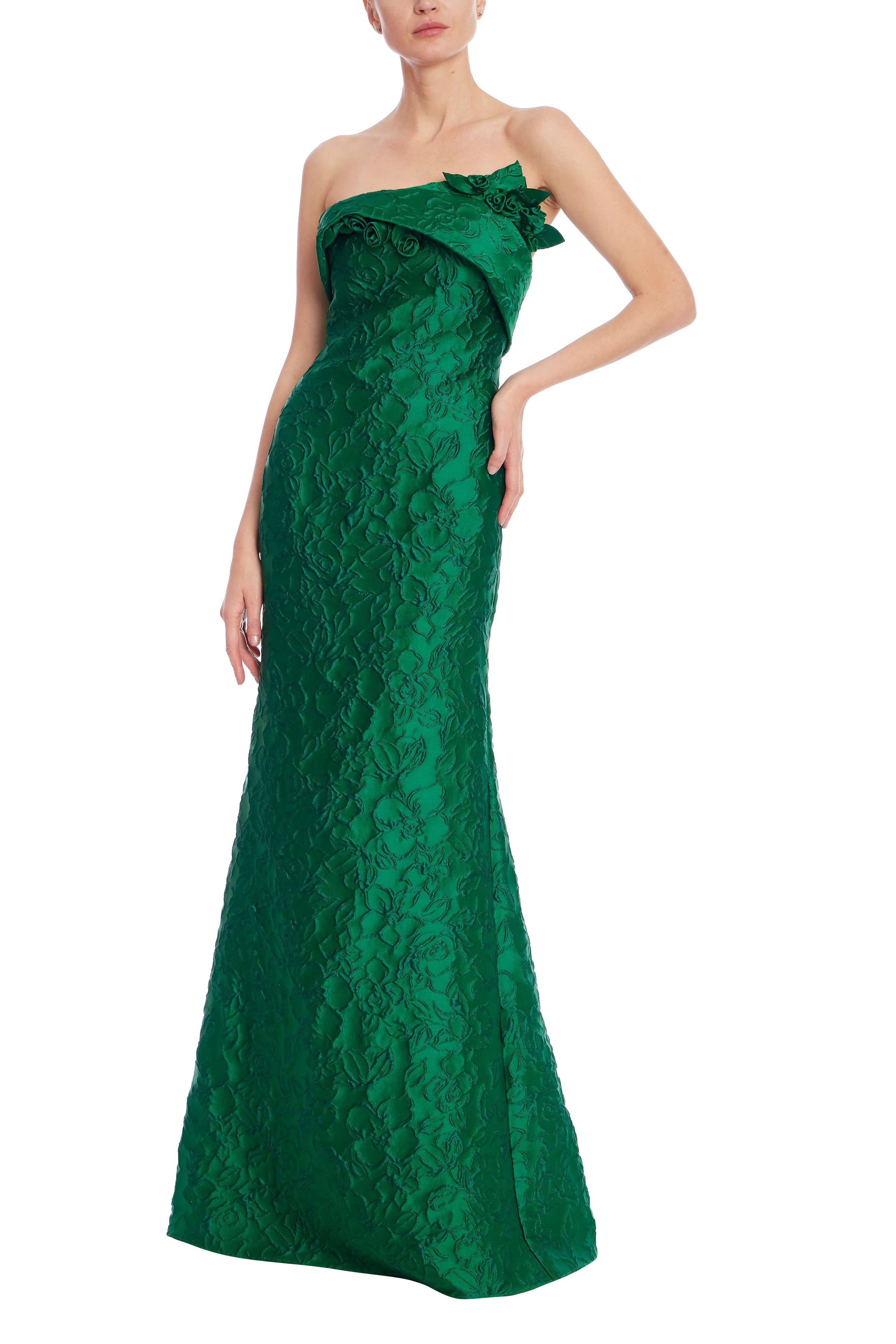 Strapless Floral Jacquard Mermaid Gown - Emerald Green by Badgley Mischka | 25 South Boutiques
