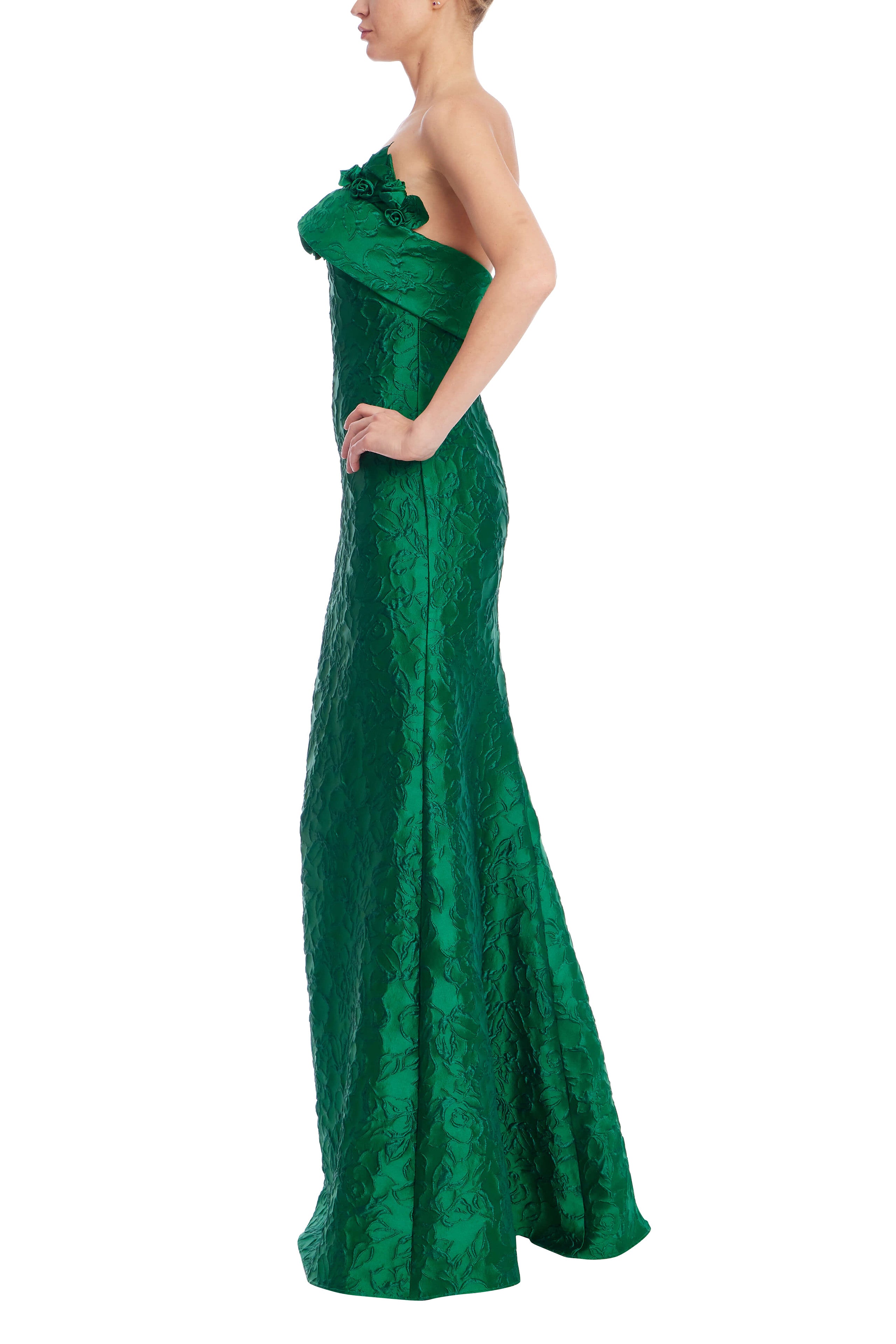 Strapless Floral Jacquard Mermaid Gown - Emerald Green by Badgley Mischka — alternate view