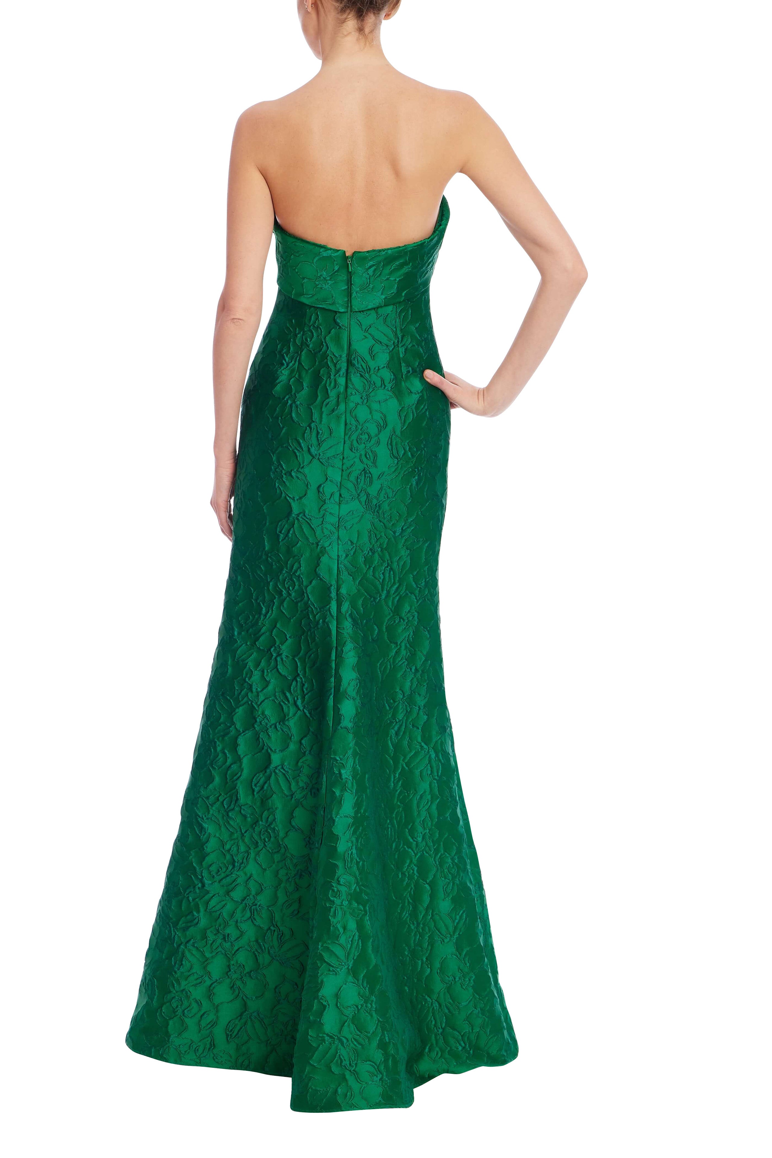 Strapless Floral Jacquard Mermaid Gown - Emerald Green by Badgley Mischka — view 3