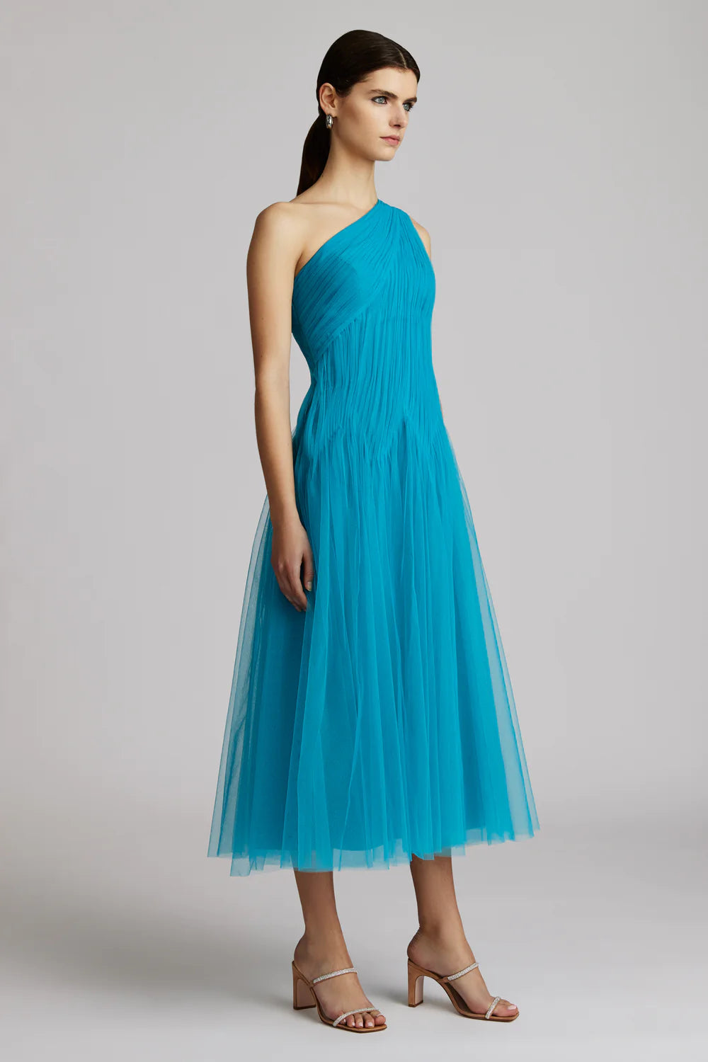 One Shoulder Midi Tulle Dress - Peacock by Zac Posen — view 3
