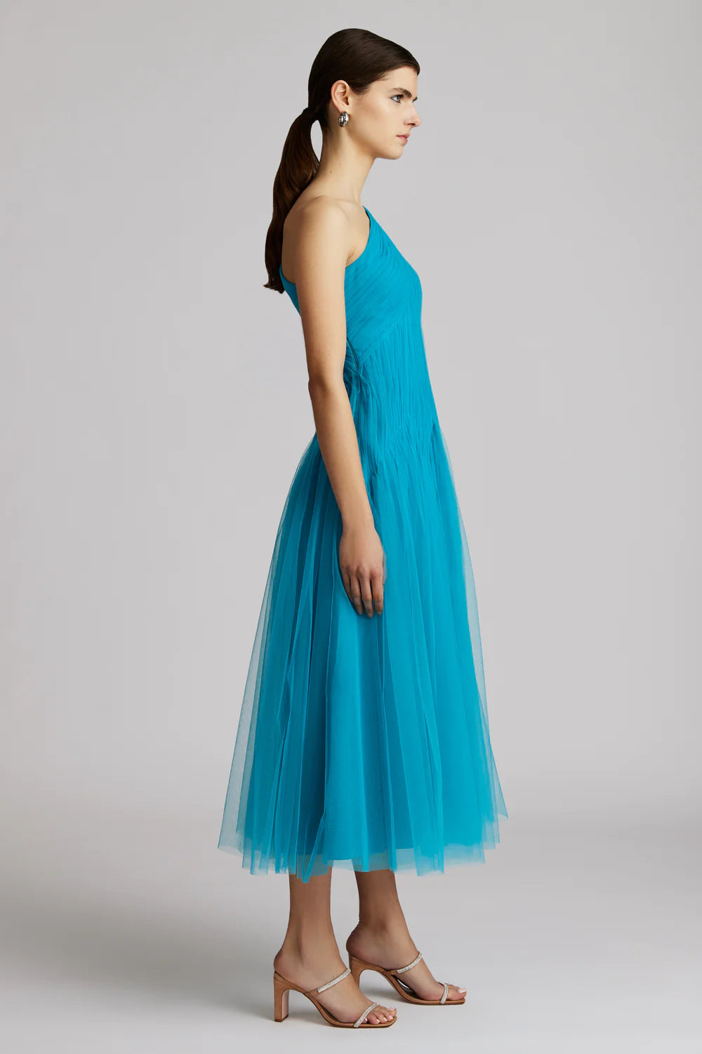 One Shoulder Midi Tulle Dress - Peacock by Zac Posen — view 4