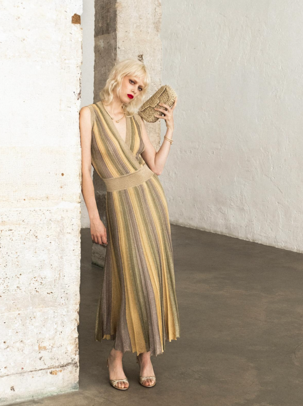 Gala Lurex Pleated Wrap Dress - Green April Moon by Maison Lurex — view 6