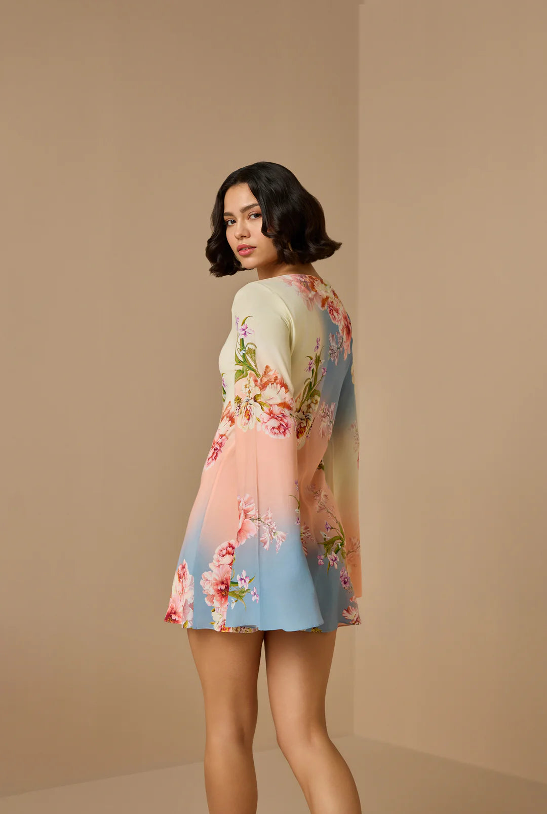 Kavi Long Sleeve Short Dress - Blue Ivory by Hemant & Nandita — view 5