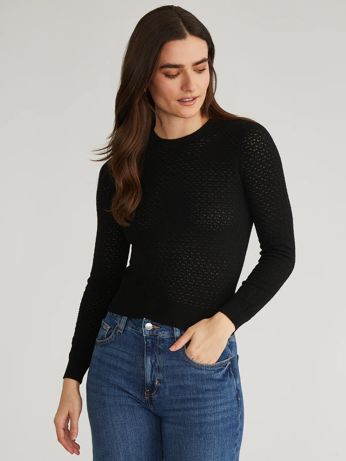 Holly Pointelle Crewneck Pullover - Black by 525 America | 25 South Boutiques