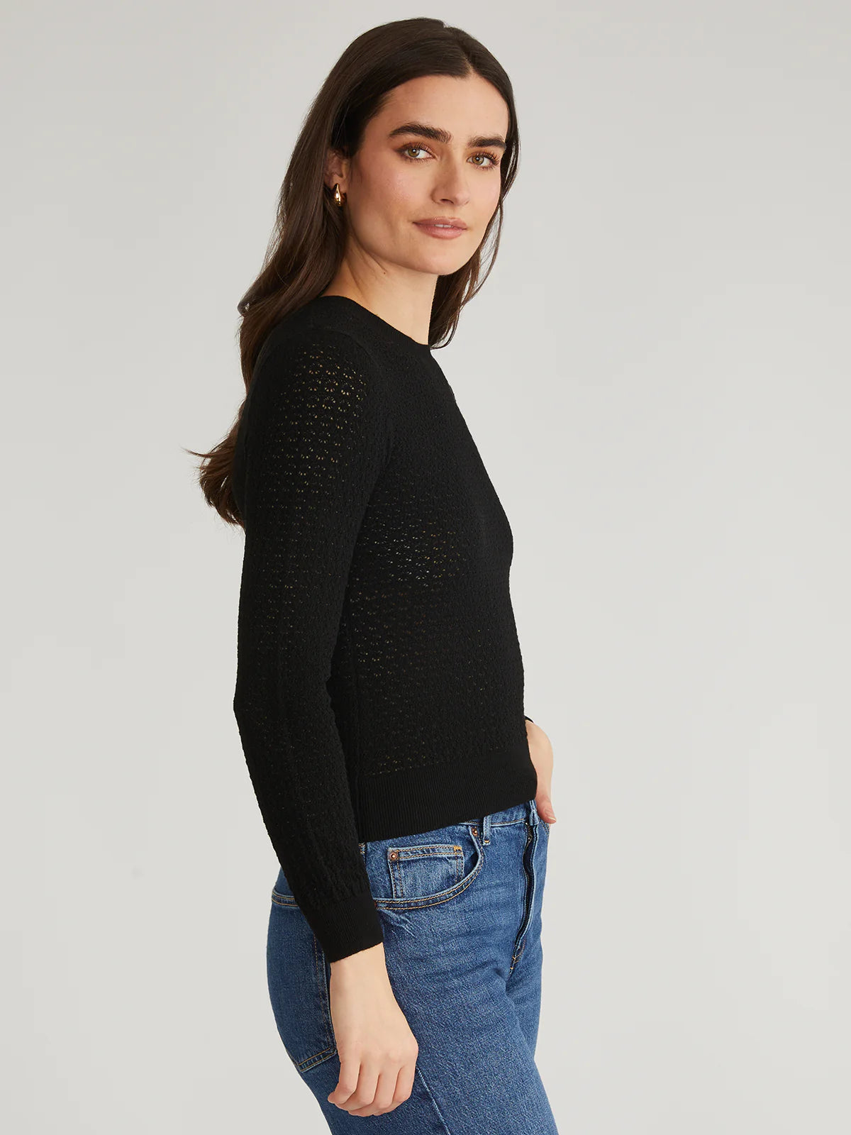 Holly Pointelle Crewneck Pullover - Black by 525 America — view 3