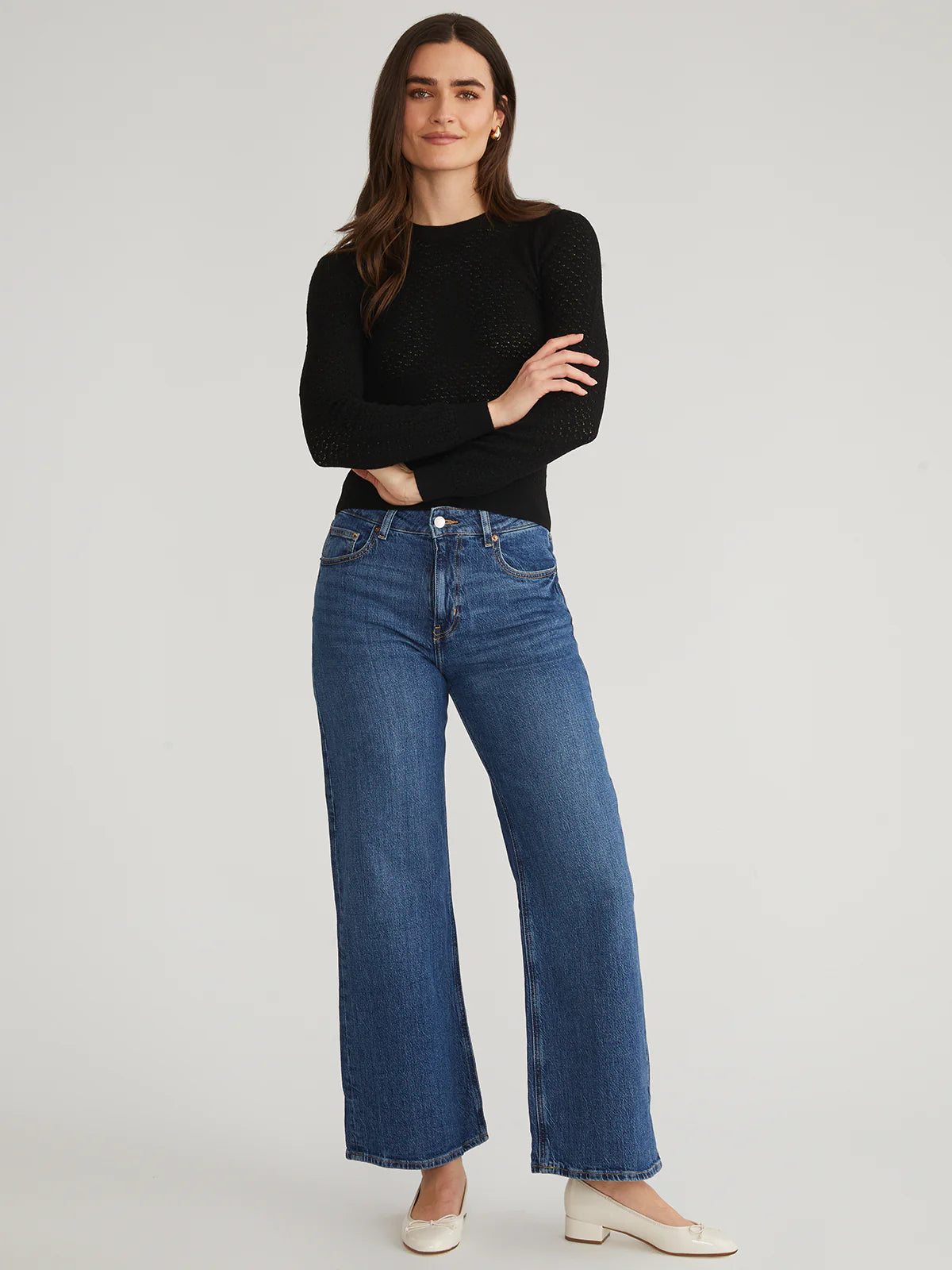 Holly Pointelle Crewneck Pullover - Black by 525 America — view 4