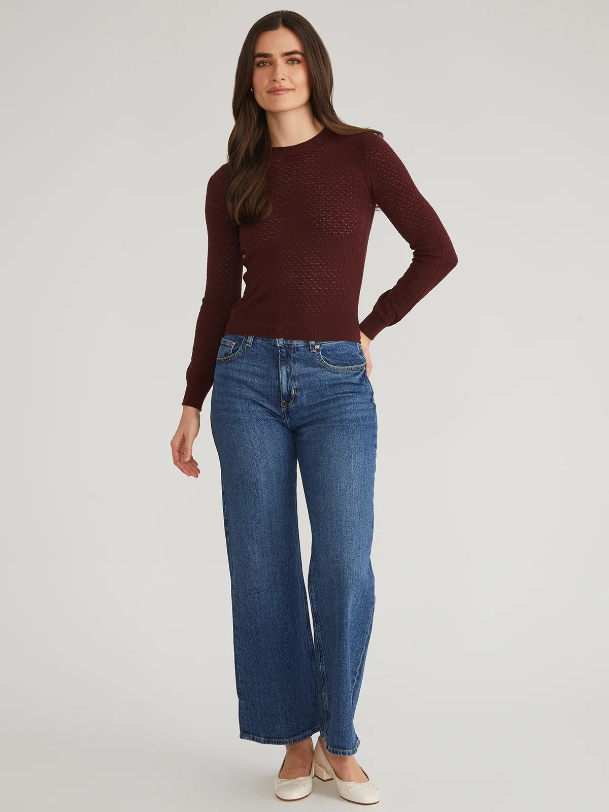 Holly Pointelle Crewneck Pullover - Oxblood by 525 America — view 4