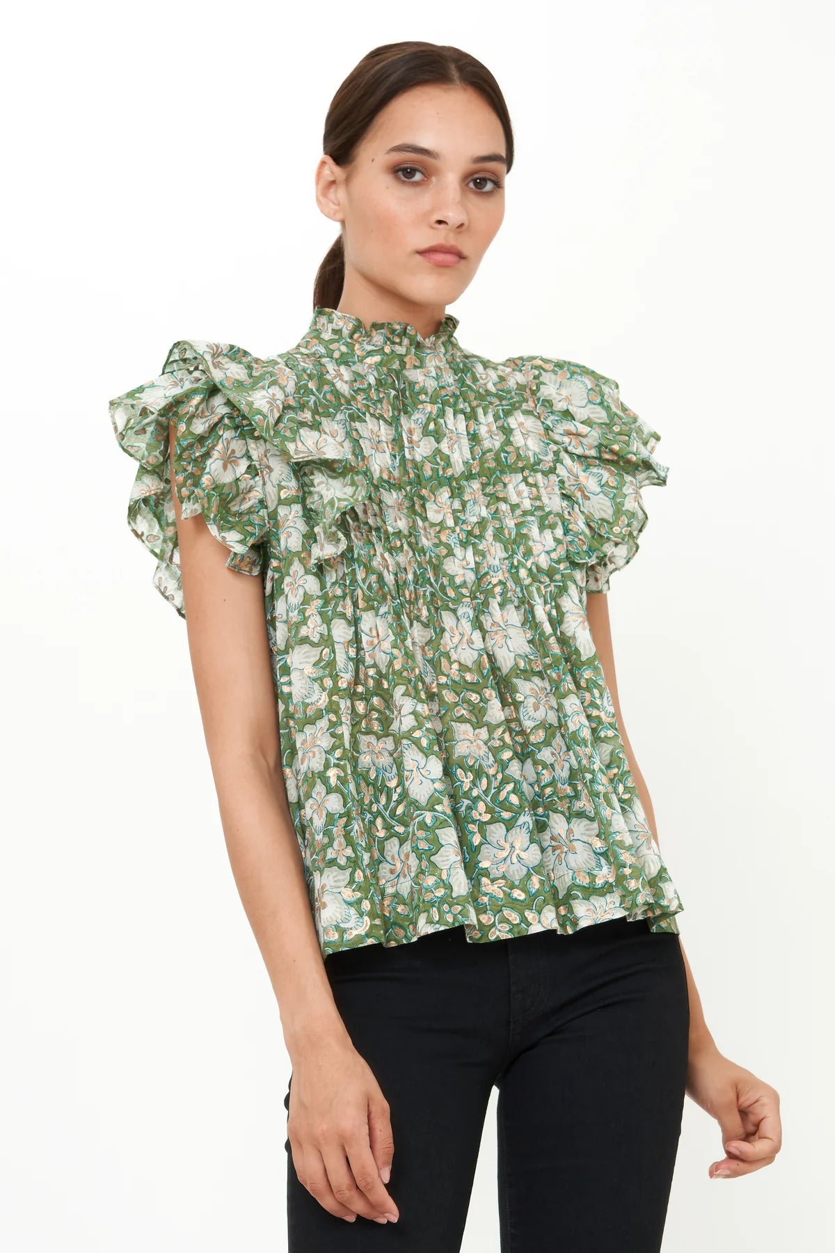 Pintuck Ruffle Top - Ivy Olive by Oliphant | 25 South Boutiques