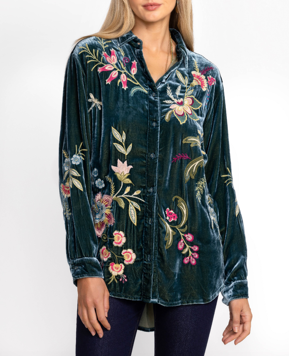 Julianna Oversized Velvet Shirt - Peacock by Johnny Was | 25 South Boutiques