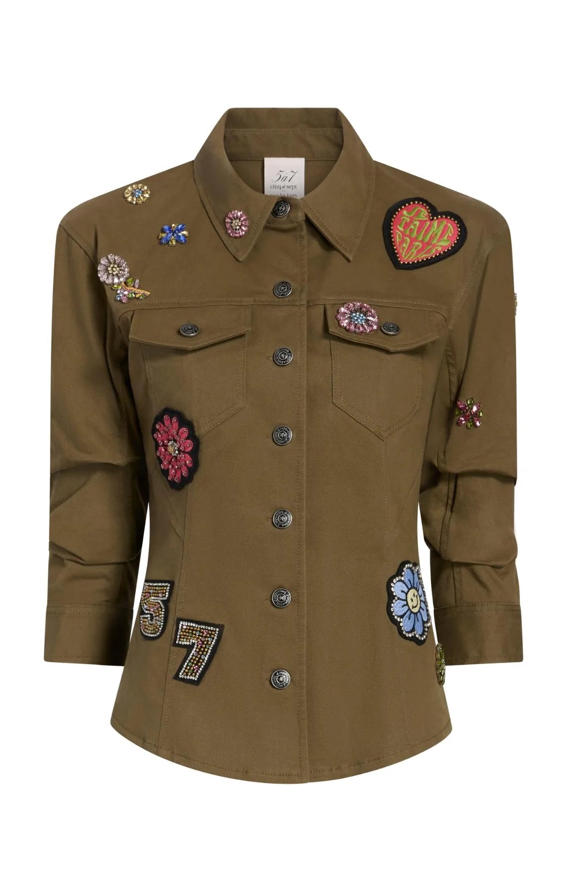 Retro Love Patches Scrunched Canyon Jacket - Dark Olive Multi by Cinq A Sept — view 5