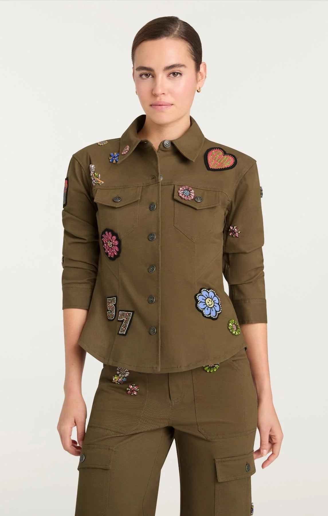 Retro Love Patches Scrunched Canyon Jacket - Dark Olive Multi by Cinq A Sept | 25 South Boutiques