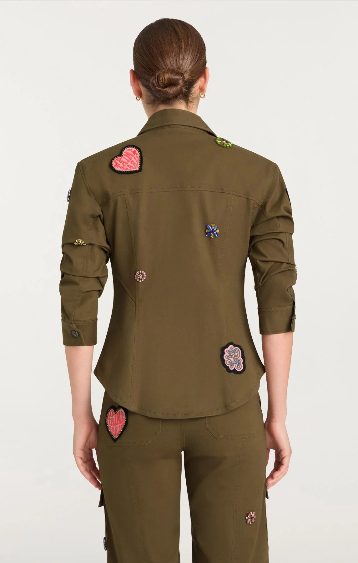Retro Love Patches Scrunched Canyon Jacket - Dark Olive Multi by Cinq A Sept — view 3
