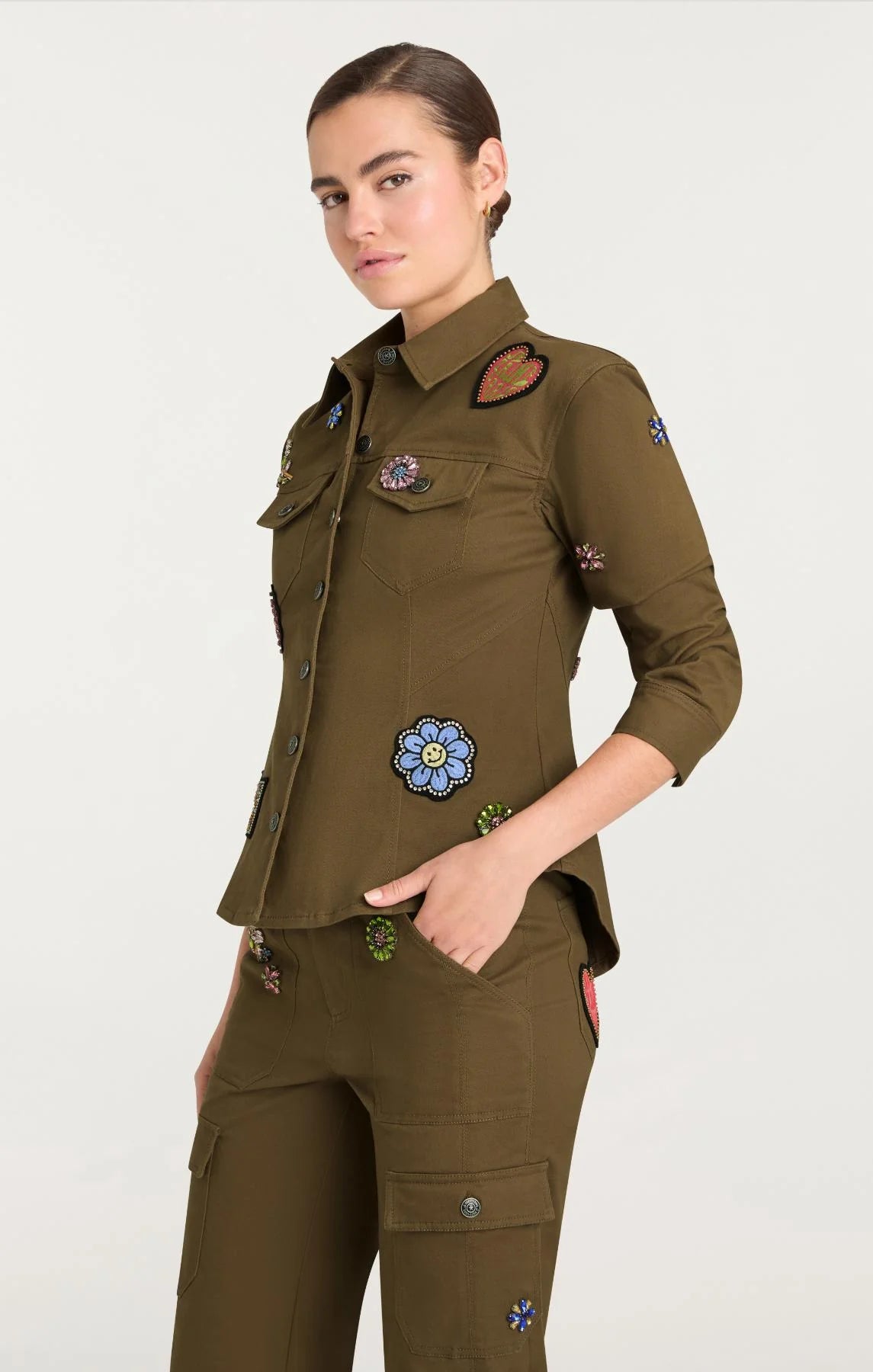 Retro Love Patches Scrunched Canyon Jacket - Dark Olive Multi by Cinq A Sept — alternate view