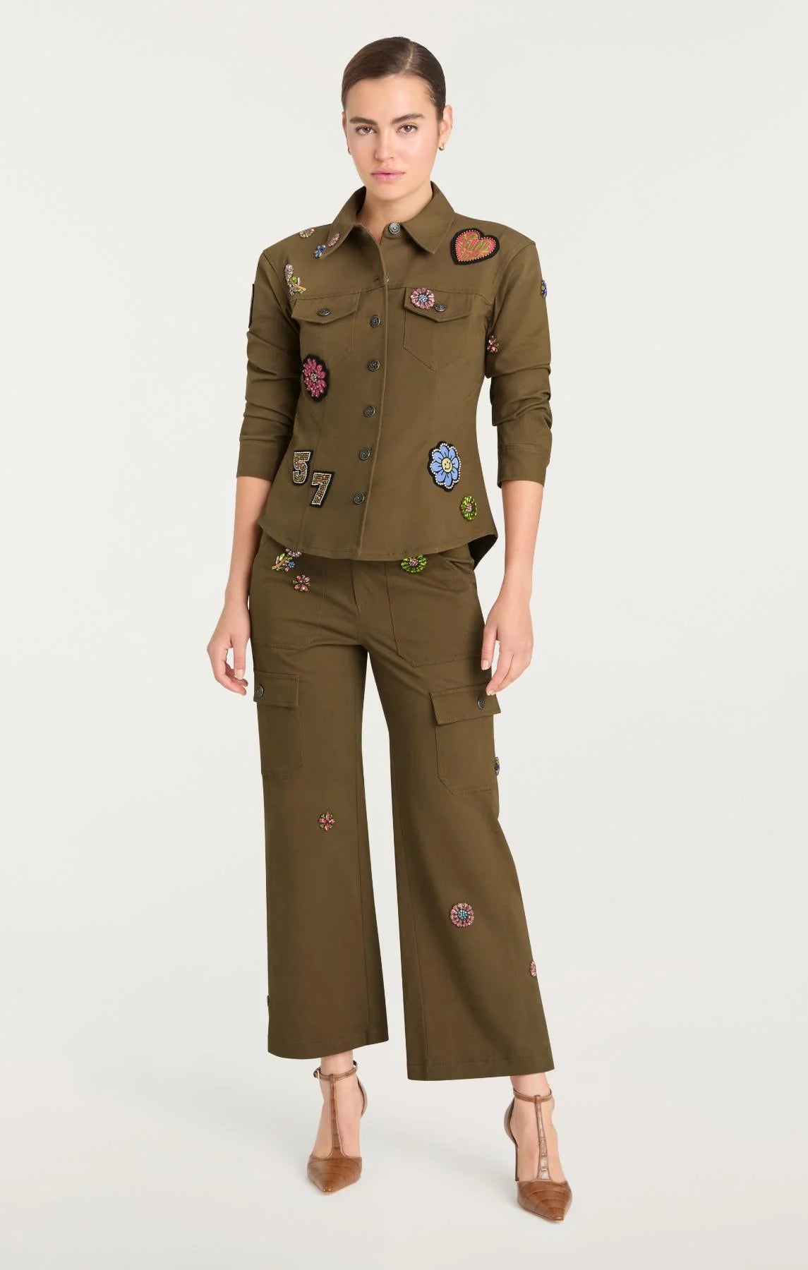 Retro Love Patches Scrunched Canyon Jacket - Dark Olive Multi by Cinq A Sept — view 4