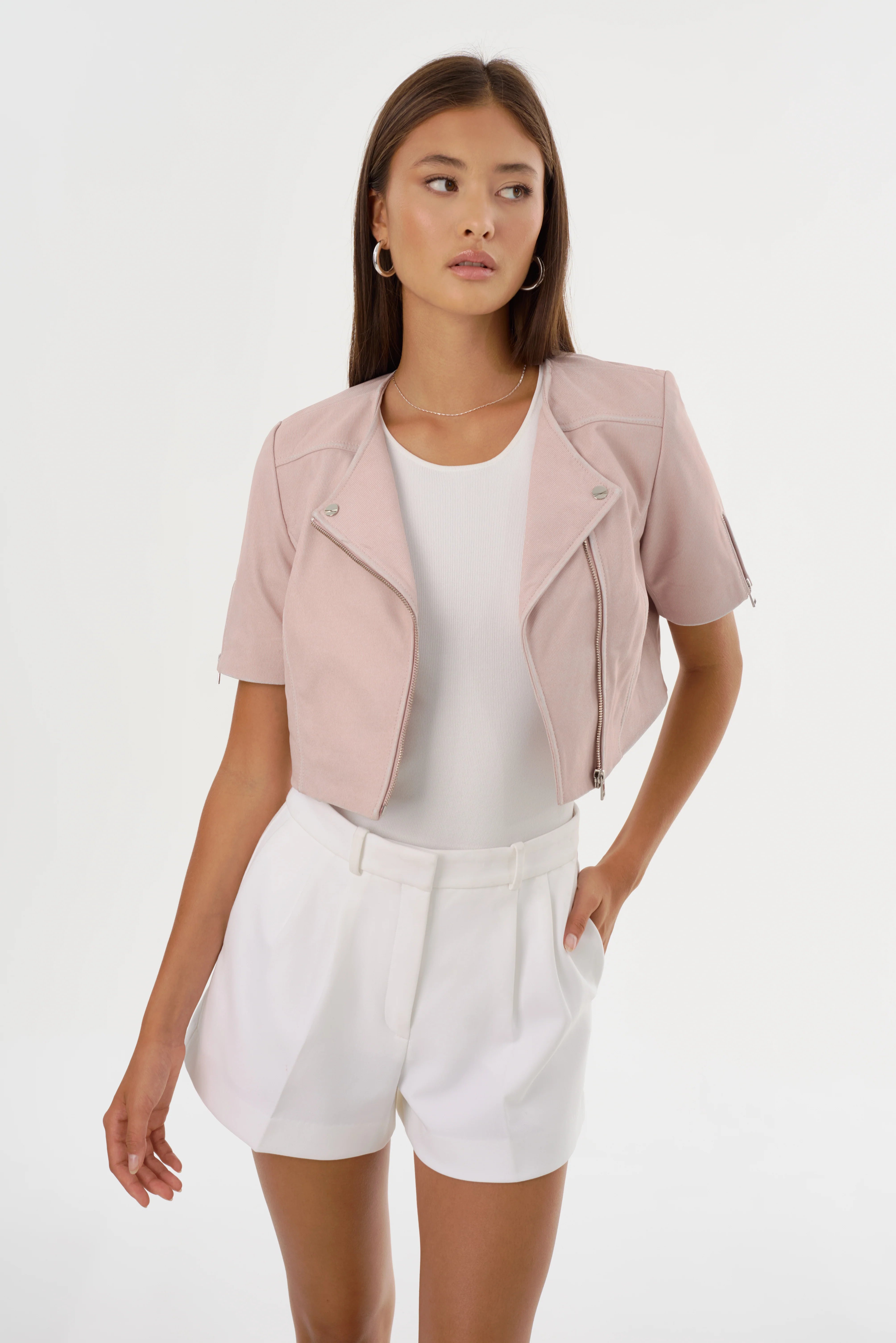 Kirsi Cropped Biker Jacket - Pink Denim by LAMARQUE — view 4