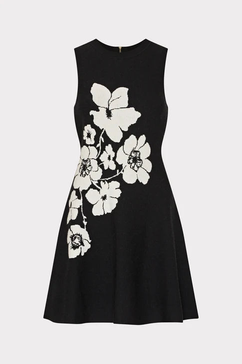 Floral Flare Knit Mini Dress - Black Ecru by Milly — view 3
