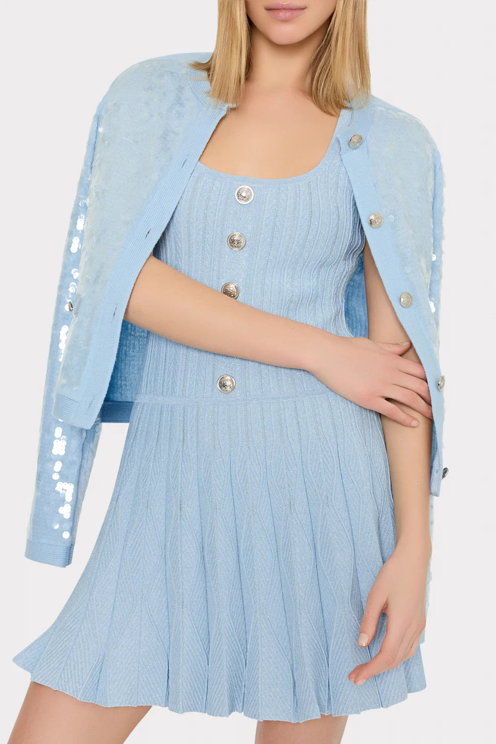 Wave Godet Flare Knit Mini Dress - Light Blue by Milly — alternate view