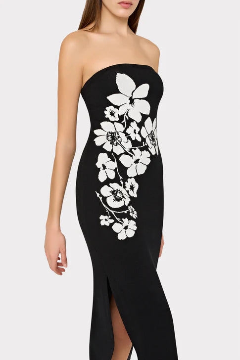 Placed Floral Strapless Knit Midi Dress - Black Ecru by Milly — alternate view