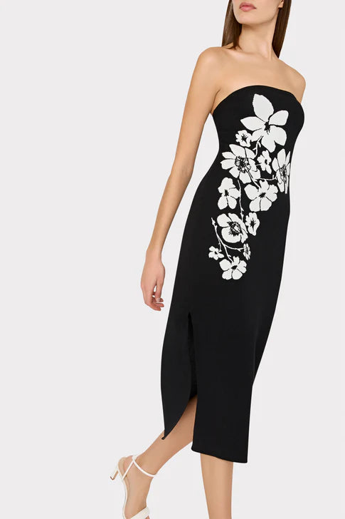 Placed Floral Strapless Knit Midi Dress - Black Ecru by Milly — view 3
