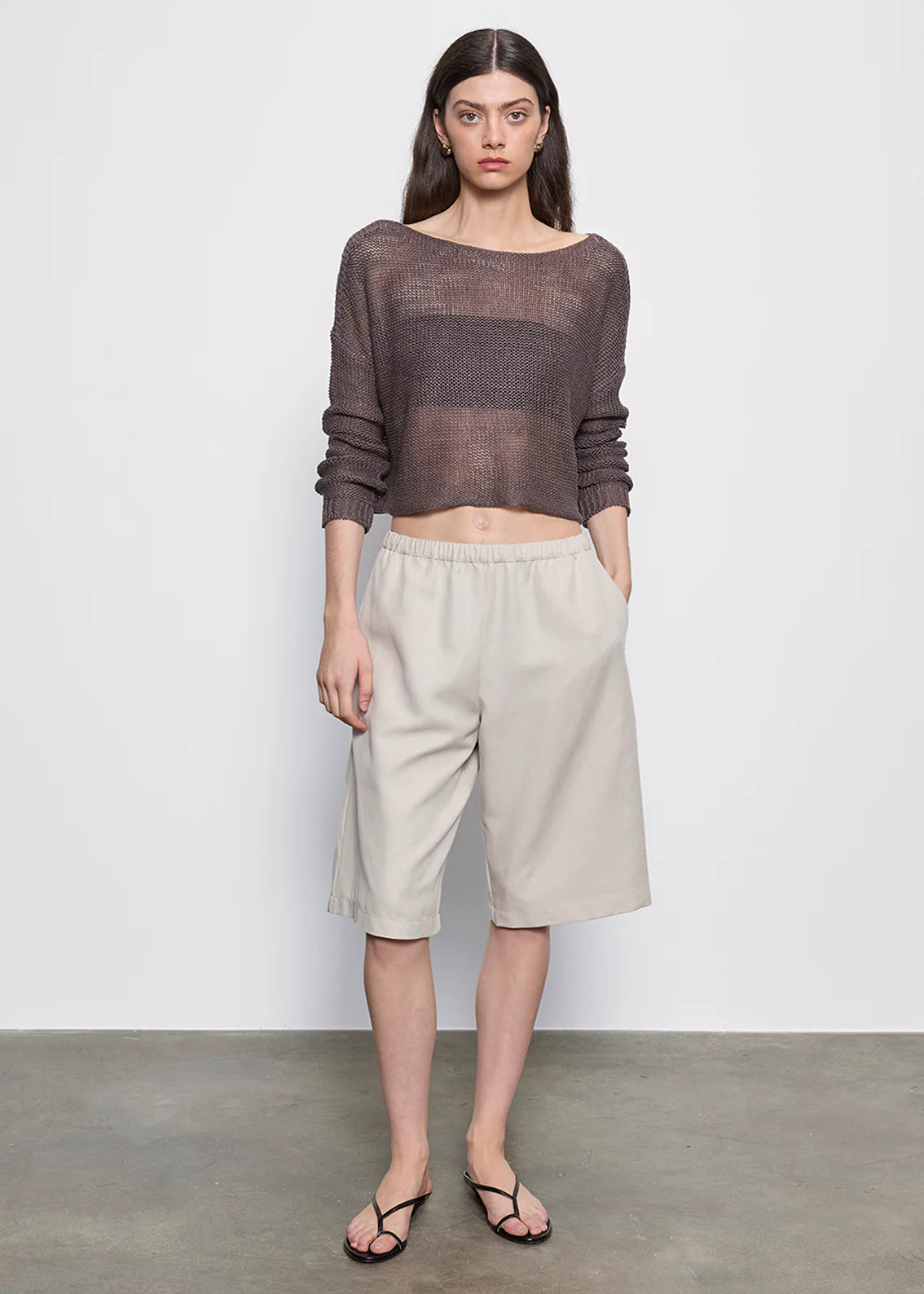 Linen Open Knit Bateau Sweater - Pebble by Enza Costa — view 4