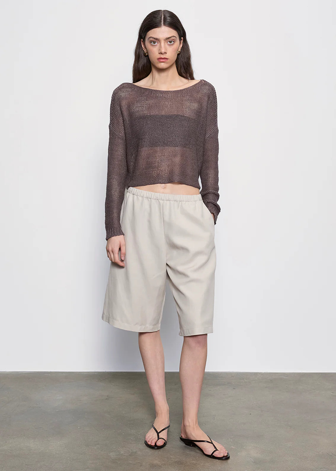 Linen Open Knit Bateau Sweater - Pebble by Enza Costa — alternate view