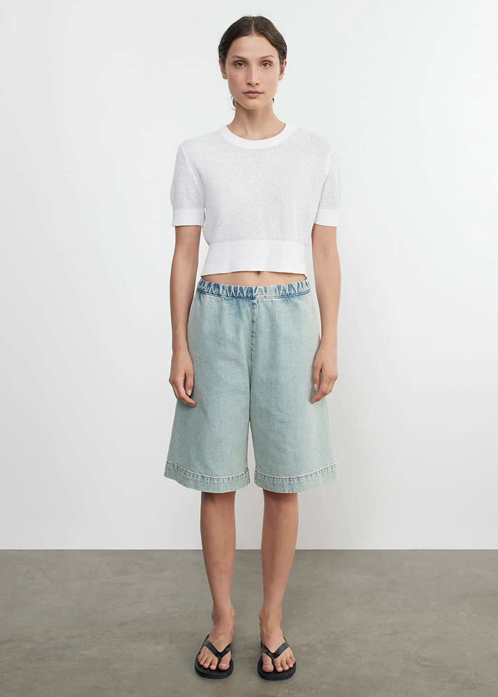 Linen Open Knit Cropped Short Sleeve - White by Enza Costa — alternate view