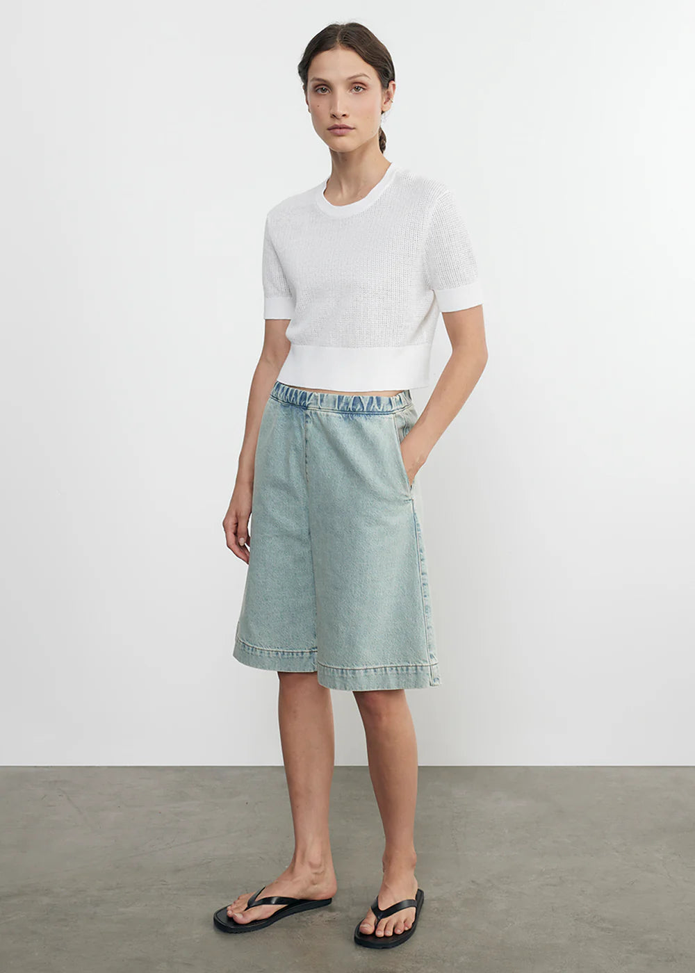 Linen Open Knit Cropped Short Sleeve - White by Enza Costa — view 3