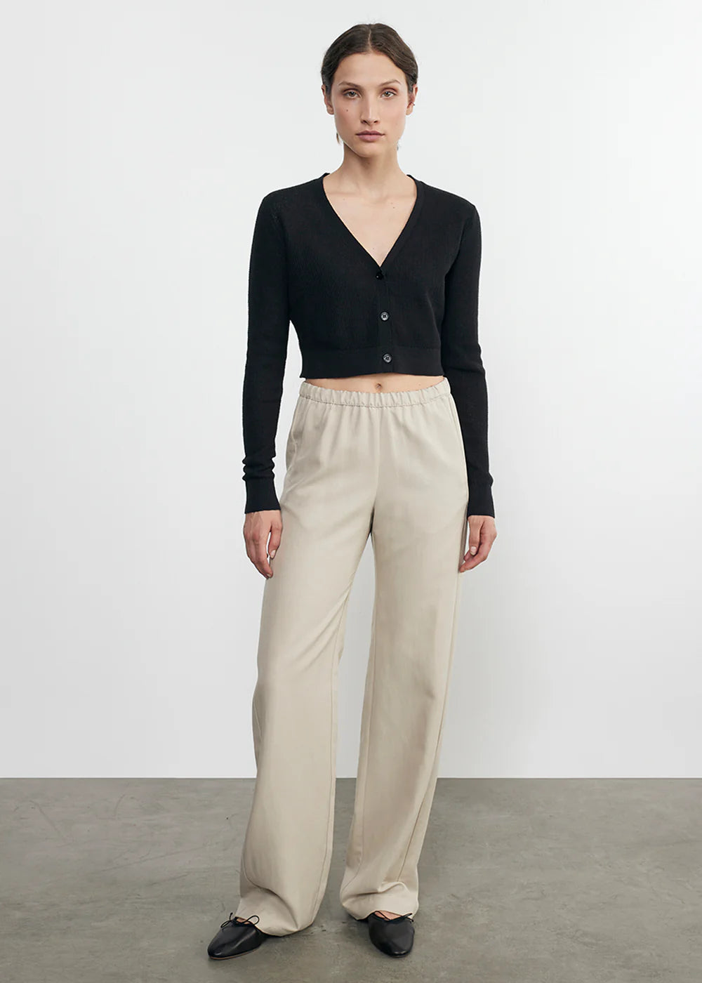 Linen Open Knit Cropped V Neck Cardigan - Black by Enza Costa — alternate view