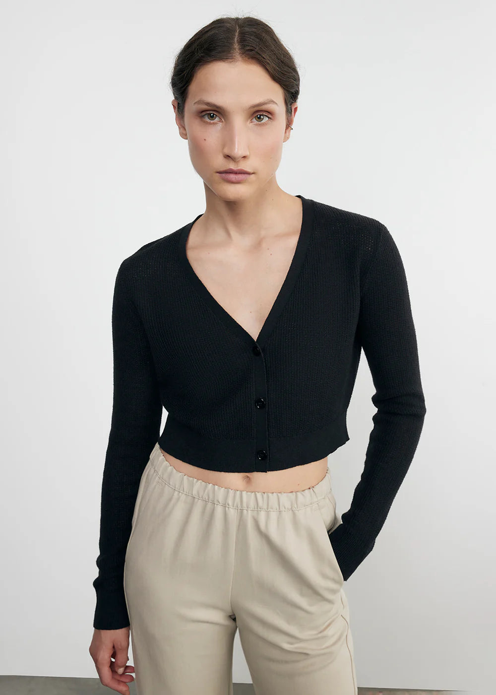 Linen Open Knit Cropped V Neck Cardigan - Black by Enza Costa — view 3