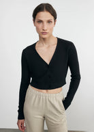 Linen Open Knit Cropped V Neck Cardigan - Black by Enza Costa — view 3