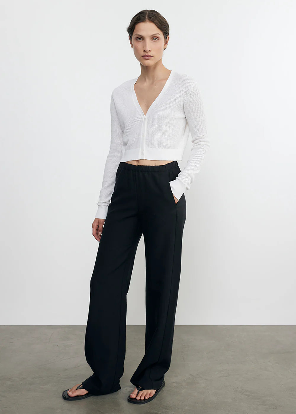 Linen Open Knit Cropped V Neck Cardigan - White by Enza Costa — alternate view