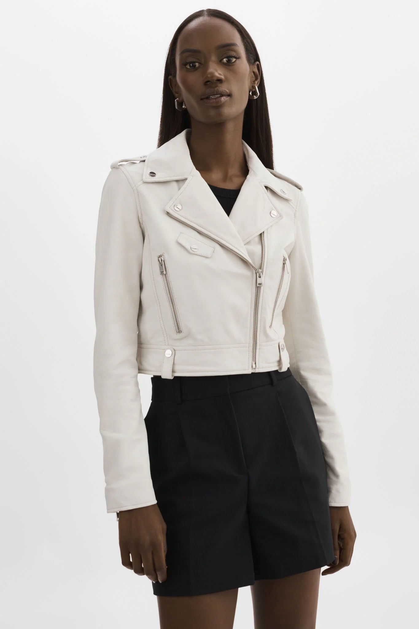 Ciara Leather Crop Moto Jacket - White by LAMARQUE | 25 South Boutiques
