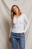 Megan Sweater Rib Polo Top - White by perfectwhitetee | 25 South Boutiques