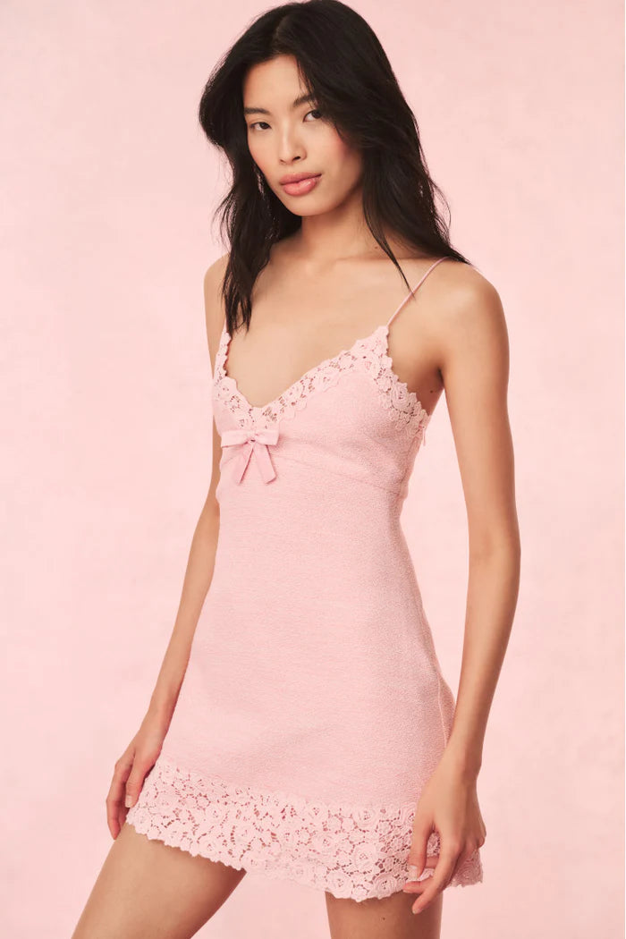 Meva Tweed Lace-Trimmed Mini Dress - Strawberry Spritz by LoveShackFancy — view 5