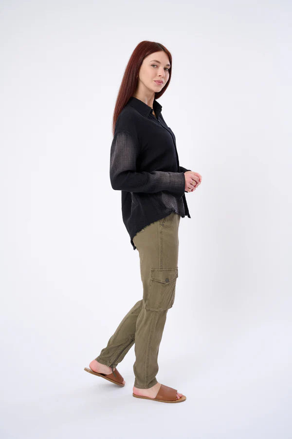 Oversized Crinkle Cotton Drop Shoulder Shirt - Black by Marrakech — view 4