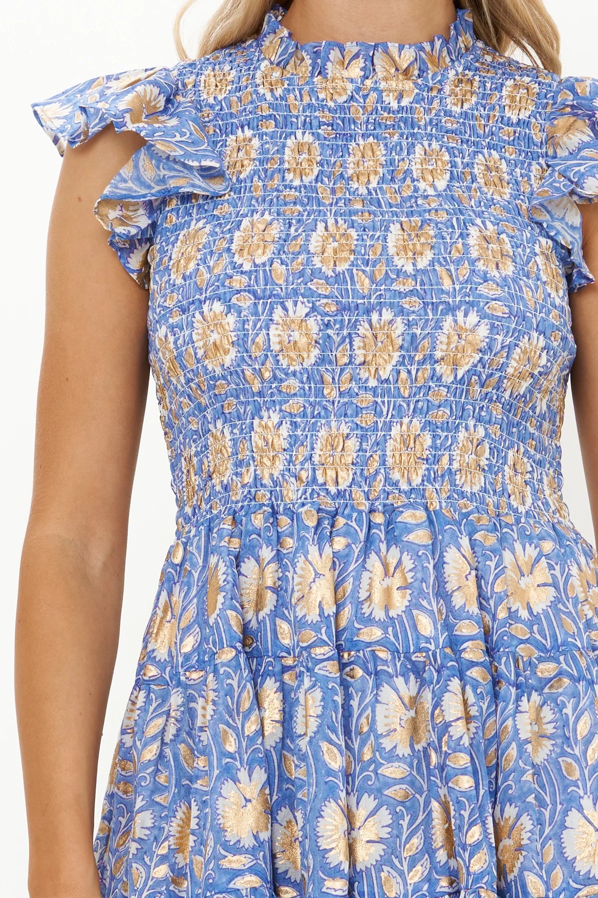 Smocked Flirty Short Dress - Mughal Blue by Oliphant — view 3