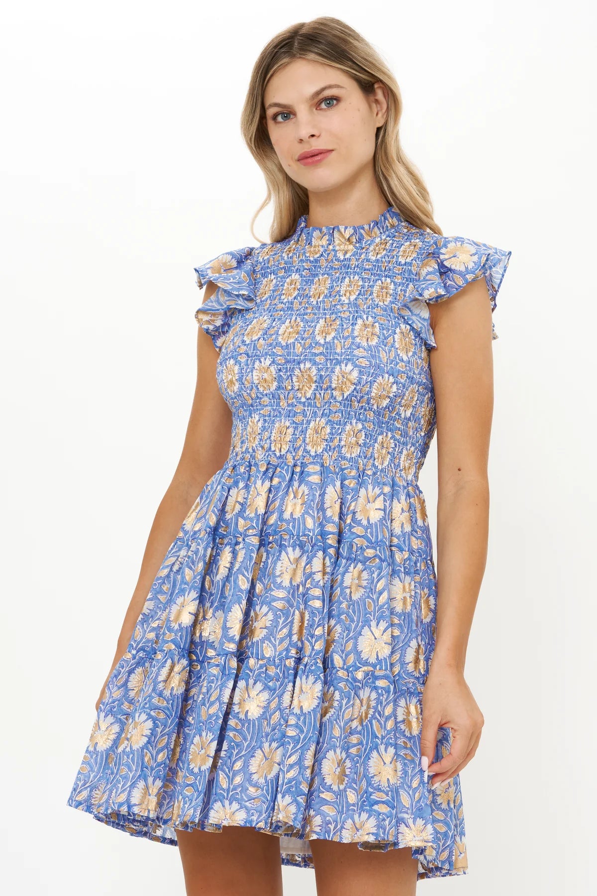 Smocked Flirty Short Dress - Mughal Blue by Oliphant — alternate view
