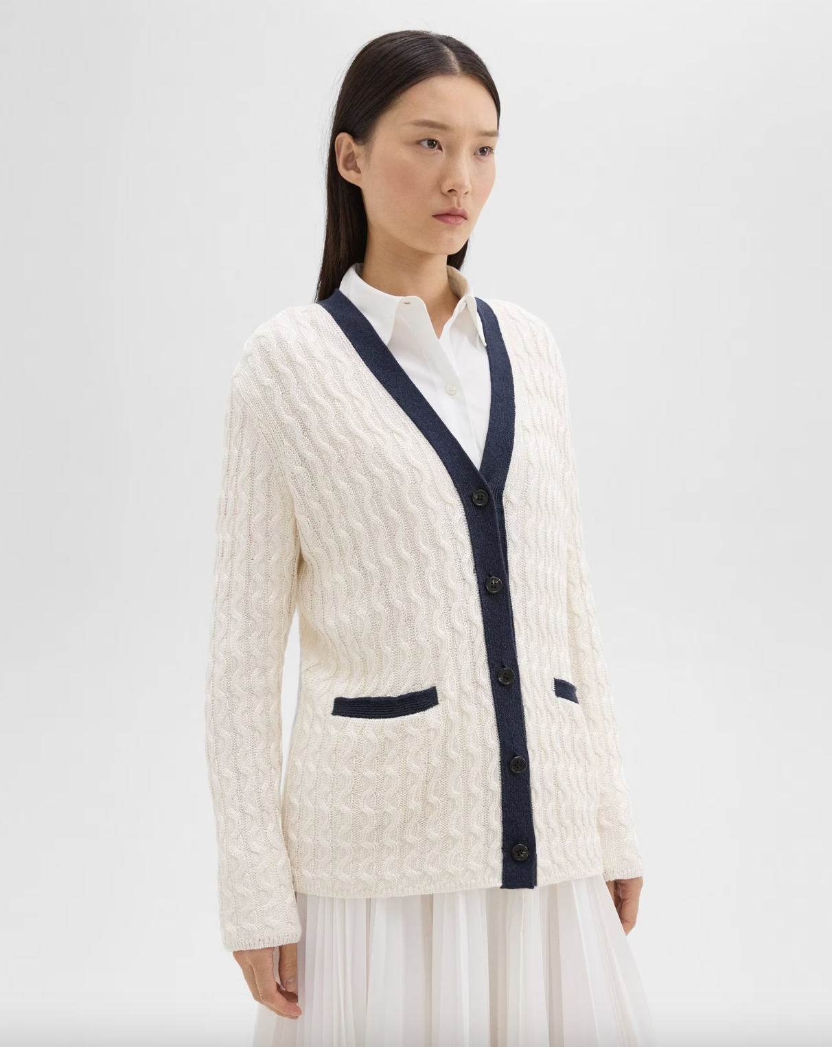 V-Neck Cardigan in Cable Knit Linen - Bone / Navy by Theory — alternate view
