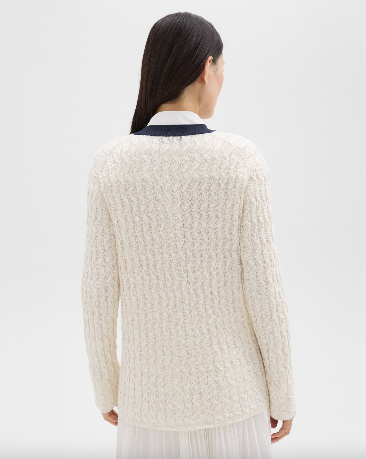 V-Neck Cardigan in Cable Knit Linen - Bone / Navy by Theory — view 3
