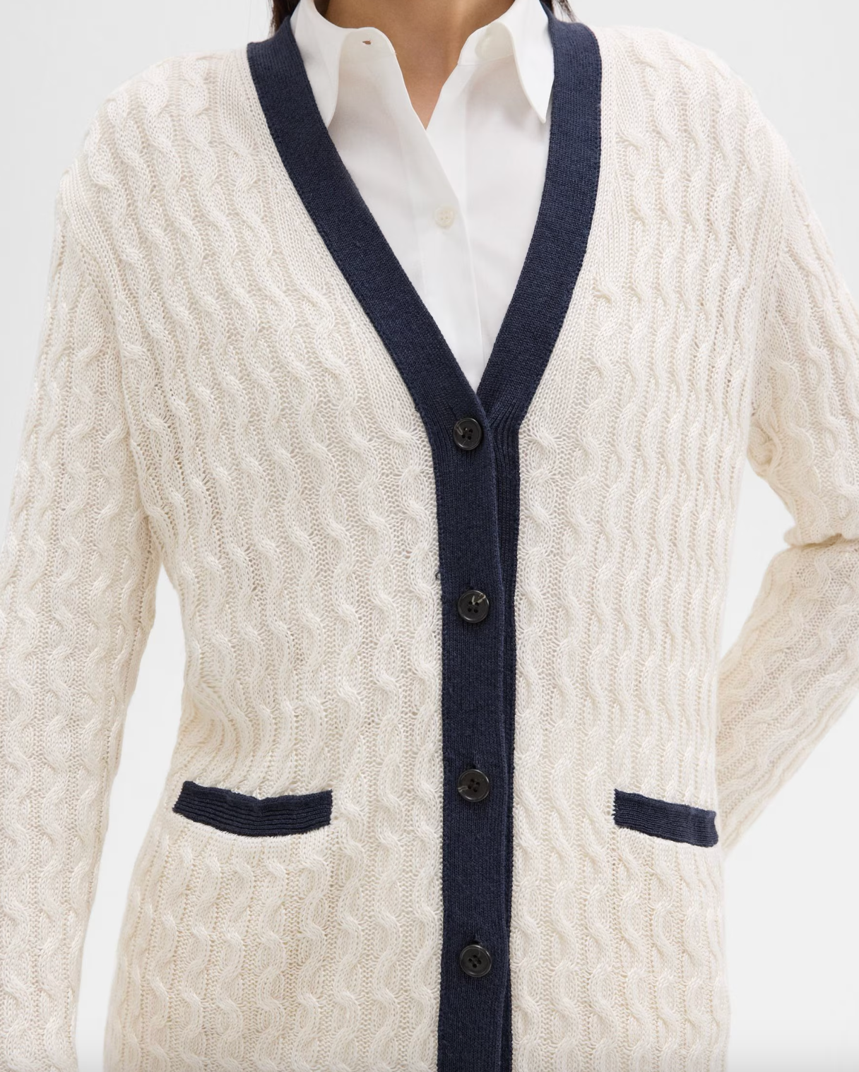 V-Neck Cardigan in Cable Knit Linen - Bone / Navy by Theory — view 4