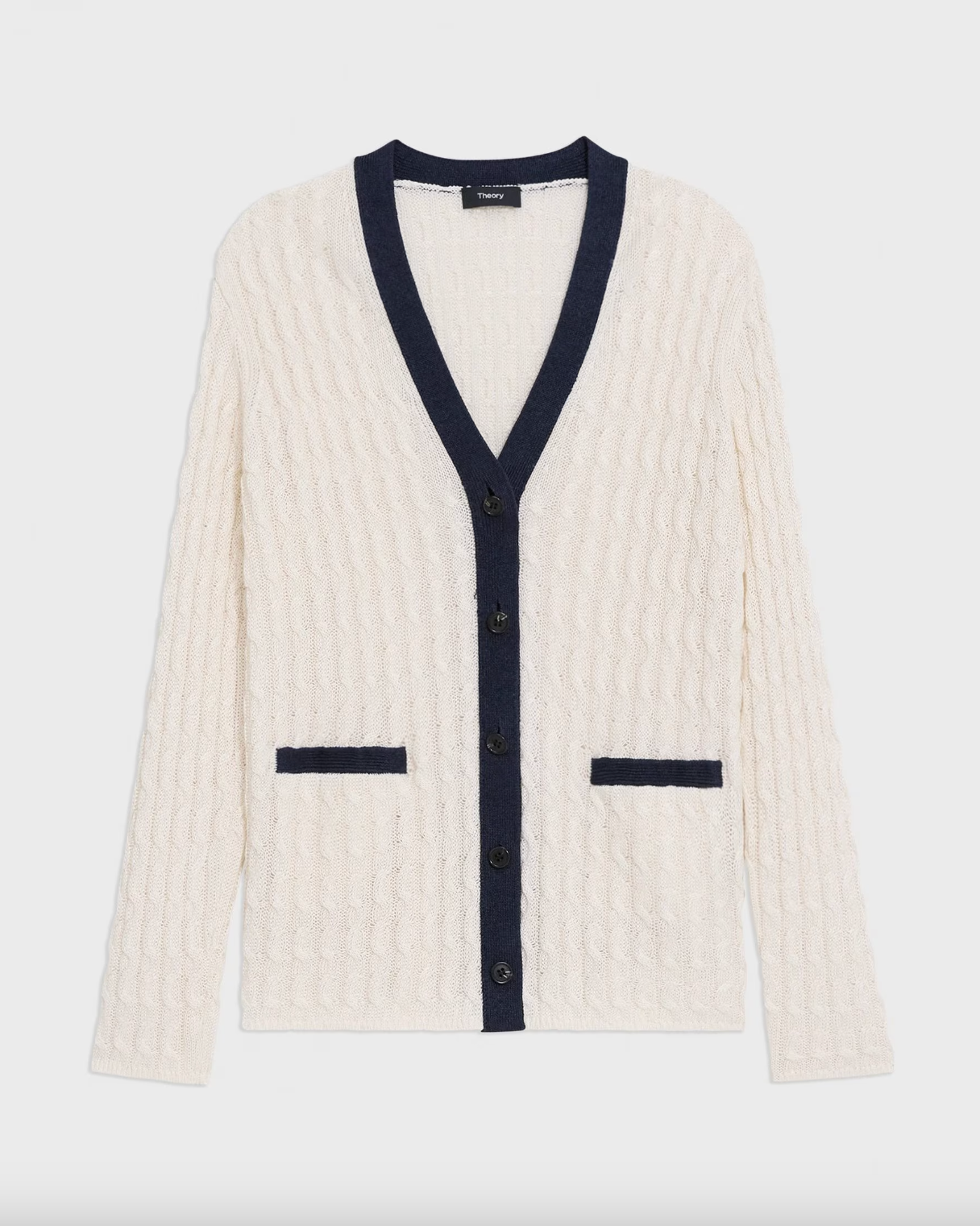 V-Neck Cardigan in Cable Knit Linen - Bone / Navy by Theory — view 5